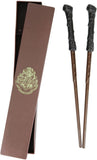 Harry Potter-themed wand with brown box featuring Hogwarts crest on a white background