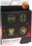 Game of Thrones Metal Coasters in 'House of the Dragon' theme, featuring four black metal coasters with gold-embossed dragon and house sigils inside retail packaging.