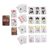 A set of Hunter x Hunter playing cards with a matching metal tin, featuring chibi character illustrations on the card faces and a textured gray background.