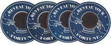 Four round blue coasters with a white printed design featuring the text 'REVEAL YOUR FORTUNE' and a central dark circular cutout, shown overlapping on a white background.