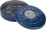 A round blue metal tin with a matching lid, featuring a silver-toned illustration of a crapsell (fortune teller's pad) and the words 'REVEAL YOUR FORTUNE' on a white background.