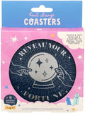 Pack of heat change coasters in retail packaging, featuring a pink box with a blue header card and a large circular coaster design showing a crystal ball and the words 'Reveal Your Fortune'.