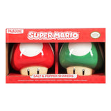 Super Mario mushroom salt and pepper shakers in packaging with Paladone branding.