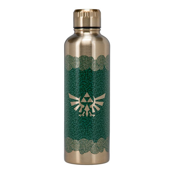 Metallic water bottle with green pattern and emblem on a white background