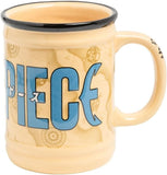 Beige mug with blue text and handle on a white background
