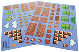 Two sheets of 3D papercraft stickers featuring Super Mario-themed elements like brick blocks, coins, clouds, and characters, displayed on a light blue background.
