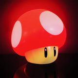 Red and yellow mushroom-shaped lamp with a red background