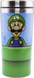 A stainless steel travel tumbler featuring a printed graphic of Luigi from the Super Mario franchise, with a green lower section and a blue upper section.