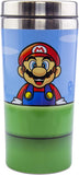 Travel mug with Super Mario design on a blue background