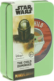 Star Wars The Child Dominoes set in a mint green metal tin with a white paper sleeve. The packaging features artwork of The Mandalorian and Grogu, with a circular cutout showing a green character on an orange background.
