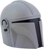 Gray helmet with a black visor on a white background