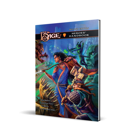 Book titled '13th Age Heroes' Handbook' on a white background