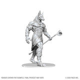 Unpainted fantasy figurine of a creature holding a weapon on a white background