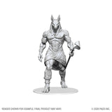 Unpainted fantasy figurine with a muscular build and animal-like head on a white background.