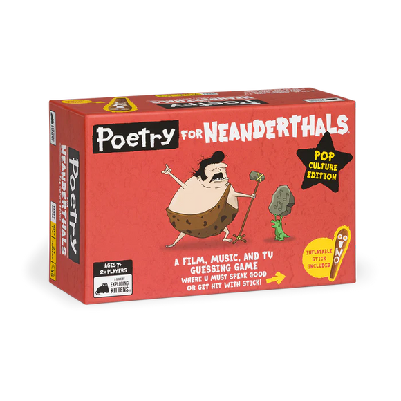 Box of 'Poetry for Neanderthals' game with cartoon character on red background
