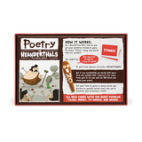 Board game box for 'Poetry for Neanderthals' with cartoon illustrations and text.