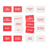 Collection of movie-themed napkins with red and white text on a white background