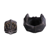 A fantasy dragon-themed ashtray shown in two views: a close-up of the dragon head on the left and the full open ashtray on the right, both on a plain white background.