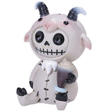 Skeleton-like creature with horns holding a light bulb on a white background