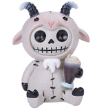 Toy figure of a skeleton sheep holding a cup on a white background