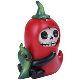 Red pepper-shaped figurine with a skeleton face and small green creature on a white background