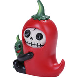 Red ghost figurine with a small green creature on a white background