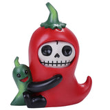 Red pepper-shaped character with a skeleton face, holding a green pepper, on a white background
