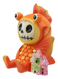 Orange skeleton figure with a bow tie holding two small houses on a white background