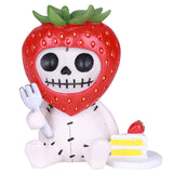 Skeleton figure with a strawberry helmet holding a cake on a white background