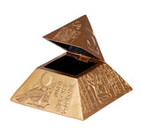 Gold pyramid-shaped container with hieroglyphics on a white background