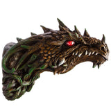 A detailed fantasy dragon head sculpture with textured scales, sharp horns, bared teeth, and glowing red eyes, isolated on a white background.