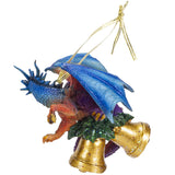 Decorative ornament of a dragon with blue wings and red body, holding gold bells on a white background.