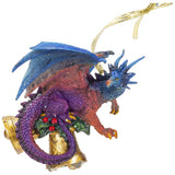 Colorful dragon ornament with a gold bell on a white background