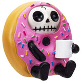 Pink frosted donut with a skeleton face and colorful sprinkles on a white background