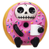 Pink frosted donut with a skeleton face and colorful sprinkles on a white background
