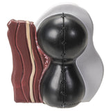 Decorative object with black sphere, red and white striped base, and gray top on a white background