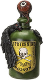 A Halloween-style decorative bottle labeled 'STRYCHNINE POISON' with a green body, yellow label, skull graphic, black raven perched on the sides, and a severed eyeball stopper on the bottle.