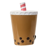 Sculpted drink container resembling a bubble tea cup with a straw on a white background