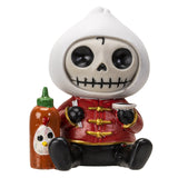 Skeleton figure in a red outfit holding a bottle of hot sauce on a white background