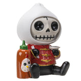 Skeleton figure in a red outfit holding a bottle and a bowl on a white background