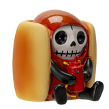 Skeleton character in a hot dog costume holding a chili pepper on a white background