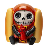 Skeleton figure in a life jacket holding a red object on a white background