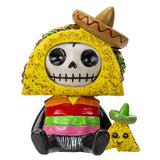 Skull figure in a taco costume with a small taco figurine on a white background
