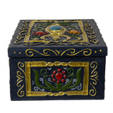 Decorative box with intricate gold and blue designs on a white background