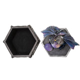 Hexagonal jewelry box with a dragon figurine on a white background