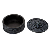 Black decorative box with lid featuring a star design on a white background