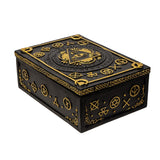 Decorative black box with gold symbols and designs on a white background