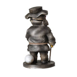 Metallic sculpture of a golfer with a hat and golf club on a white background