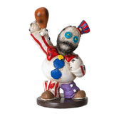 Colorful sock puppet figure with a baseball bat on a white background