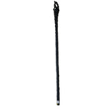 Black walking cane with decorative handle on a white background